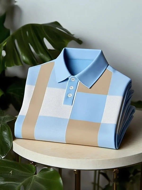 NeoShop Club Sky Blue Geometric Colorblock Premium Polo T-Shirt for Men | Modern Smart Casual Polo
