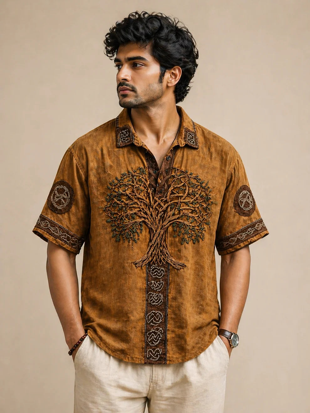 Vintage Tree Embroidered Brown Shirt