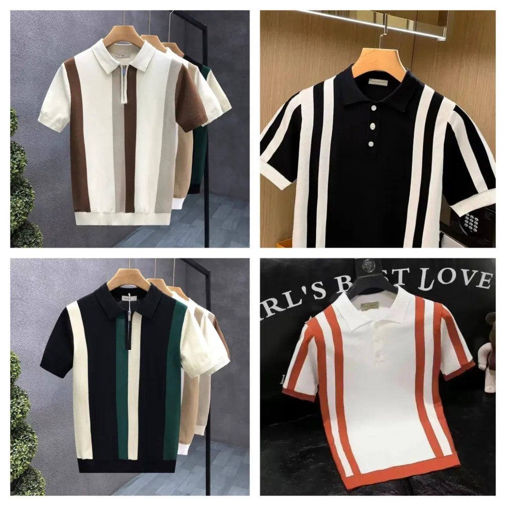 NeoShop Club Luxury Vertical Stripe Knit Polo T-Shirt for Men | Premium Smart Casual Polo Collection