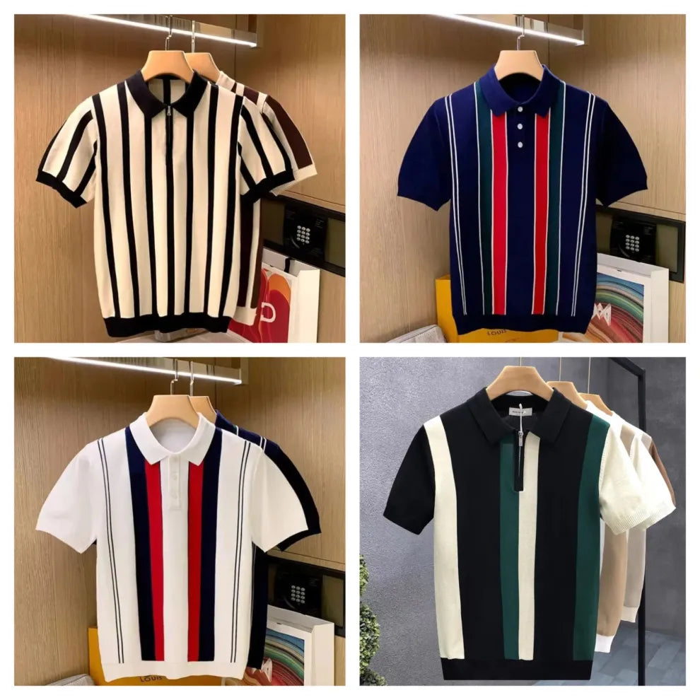 NeoShop Club Premium Retro Stripe Knit Polo T-Shirt for Men | Luxury Vertical Panel Polo Collection