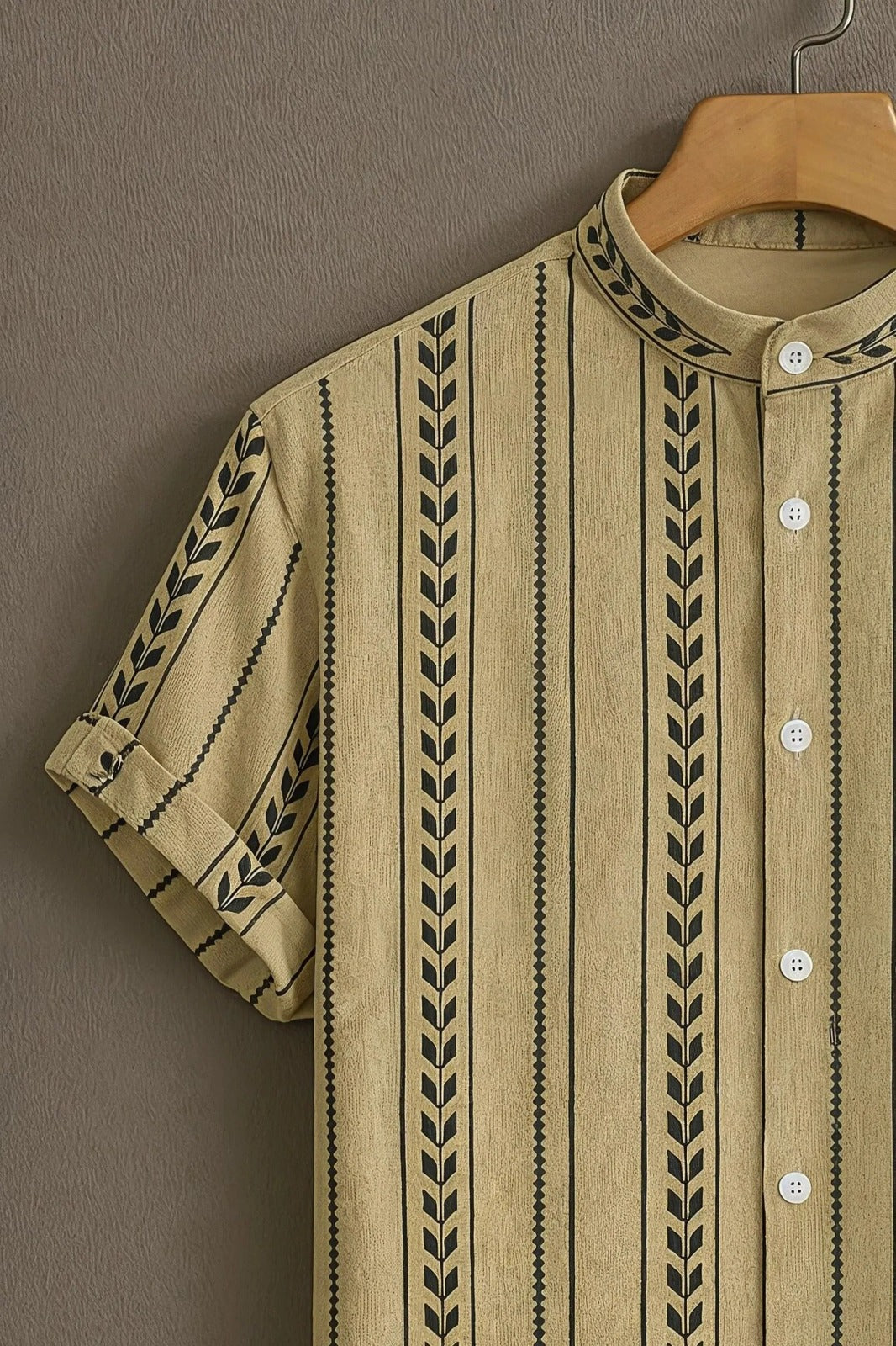SharpShirt Premium Beige Vertical Stripe Mandarin Collar Shirt