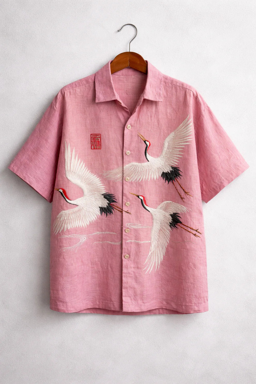 Pink Flying Crane Linen Shirt