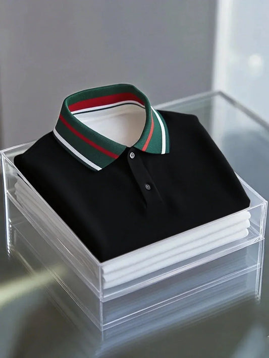 NeoShop Club Black Luxury Stripe Collar Polo T-Shirt for Men | Premium Minimal Smart Casual Polo