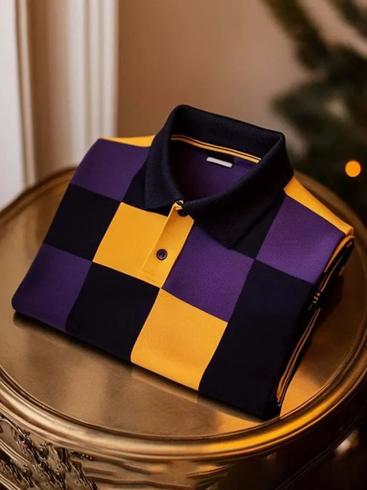 NeoShop Club Premium Purple & Gold Checkered Polo T-Shirt for Men | Luxury Statement Casual Polo