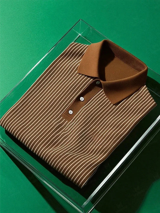 NeoShop Club Premium Brown Pinstripe Polo T-Shirt for Men | Luxury Minimal Casual Polo