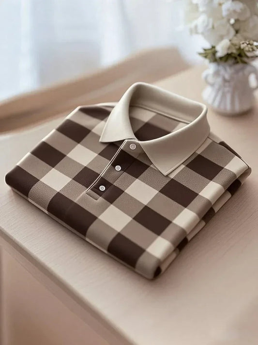 NeoShop Club Classic Beige Checkered Premium Polo T-Shirt for Men | Elegant Smart Casual Polo