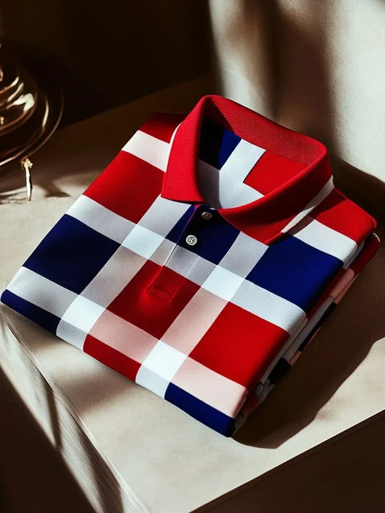 NeoShop Club Premium Red Blue Checkered Polo T-Shirt for Men | Luxury Plaid Casual Polo