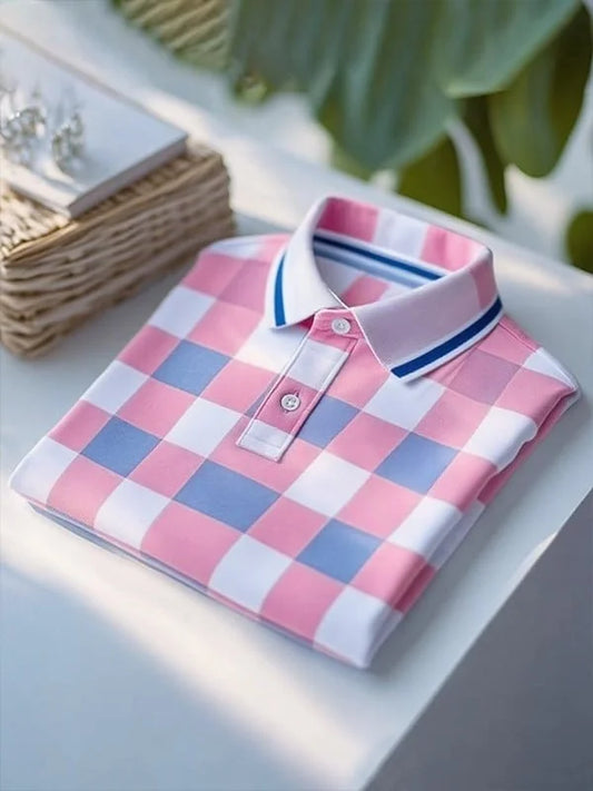 NeoShop Club Premium Pink Check Polo T-Shirt for Men | Soft Luxury Smart Casual Polo