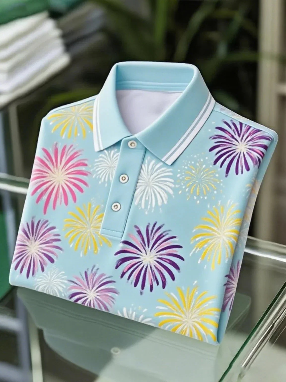 NeoShop Club Fireworks Print Sky Blue Polo T-Shirt for Men | Premium Festive Casual Polo