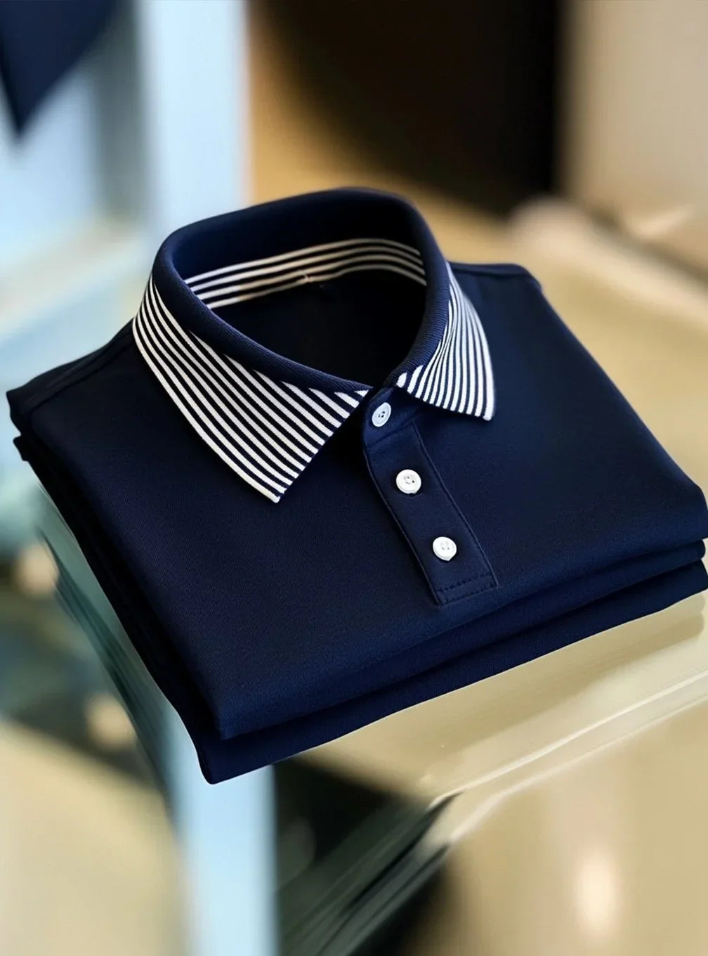NeoShop Club Premium Navy Blue Polo T-Shirt with Striped Collar | Luxury Minimal Smart Casual Polo