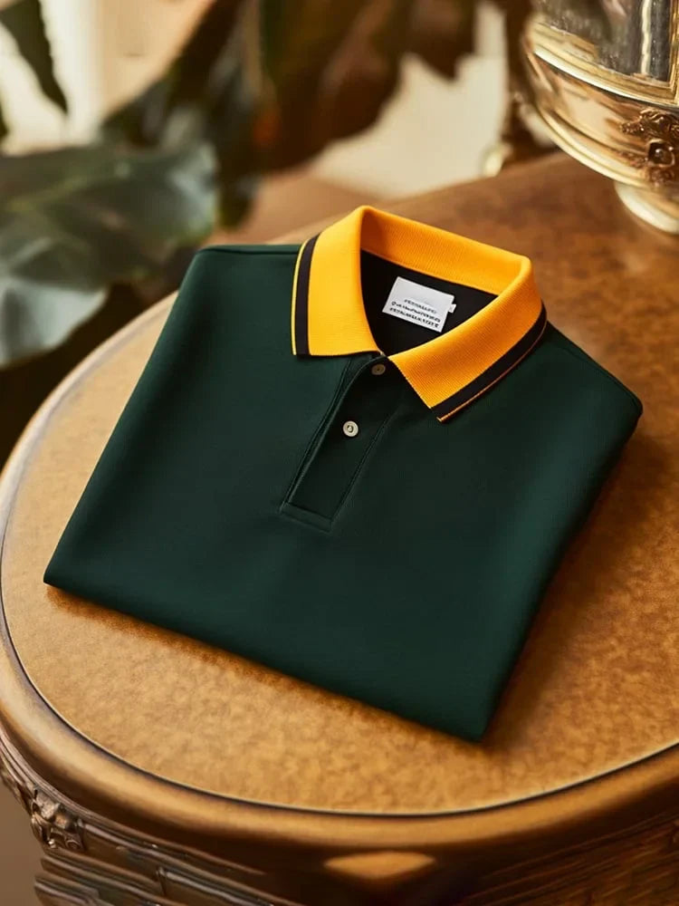 NeoShop Club Premium Dark Green Polo T-Shirt with Contrast Yellow Collar | Luxury Minimal Polo for Men