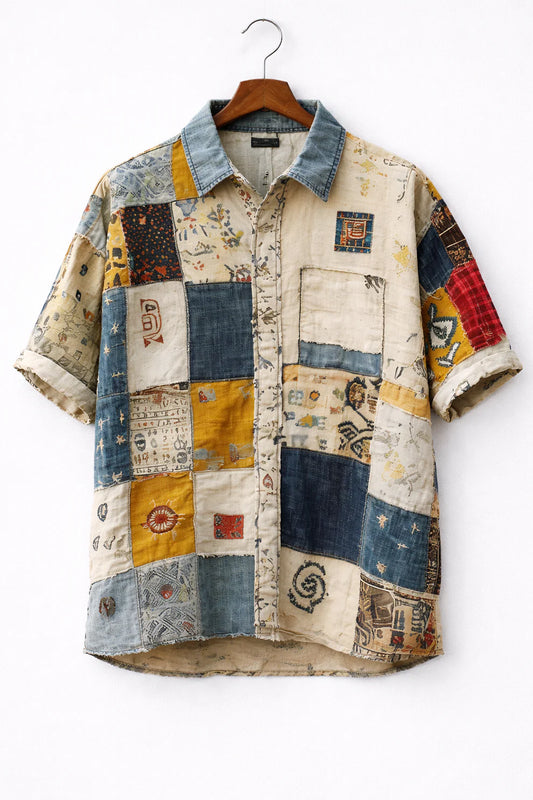 Vintage Patchwork Denim Shirt – Retro Artisan Short Sleeve Button-Up