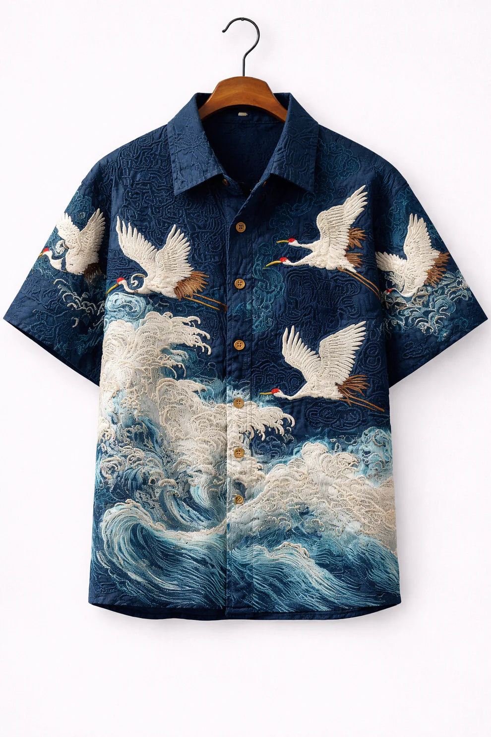 Japanese Crane Ocean Embroidered Shirt
