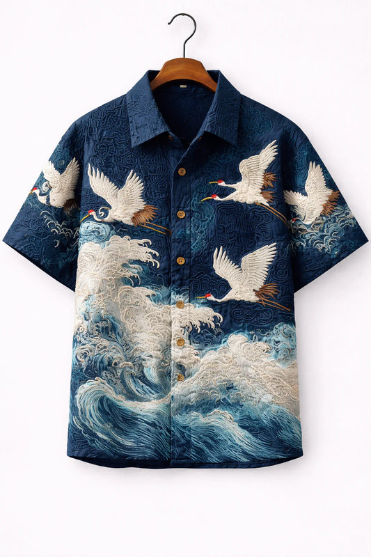 Japanese Crane Ocean Embroidered Shirt