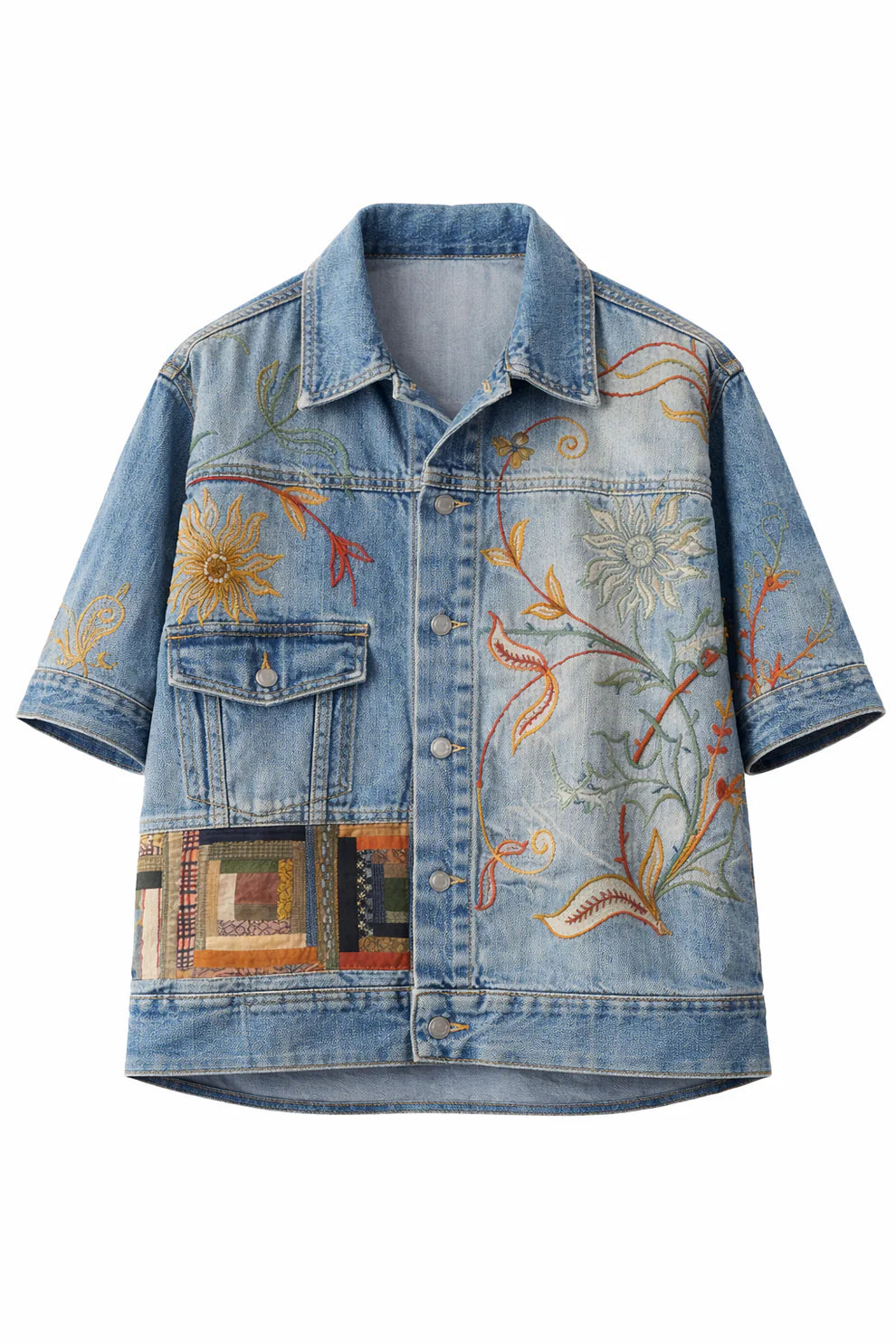 Artisan Embroidered Denim Button-Up Shirt – Premium Vintage Streetwear