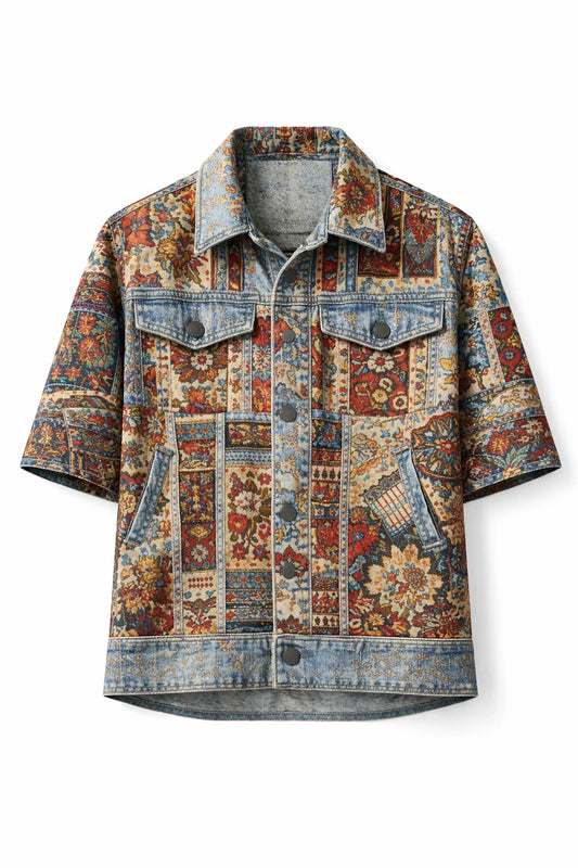 Persian Heritage Patchwork Denim Jacket Shirt – Vintage Boho Streetwear Oversized Unisex Top