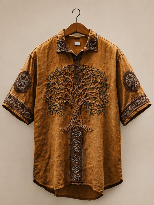 Vintage Tree Embroidered Brown Shirt