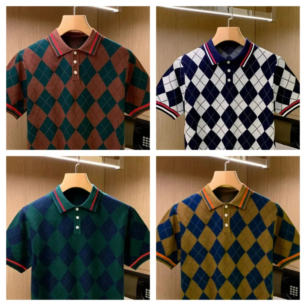 NeoShop Club Premium Argyle Knit Polo T-Shirt for Men | Luxury Retro Diamond Pattern Polo