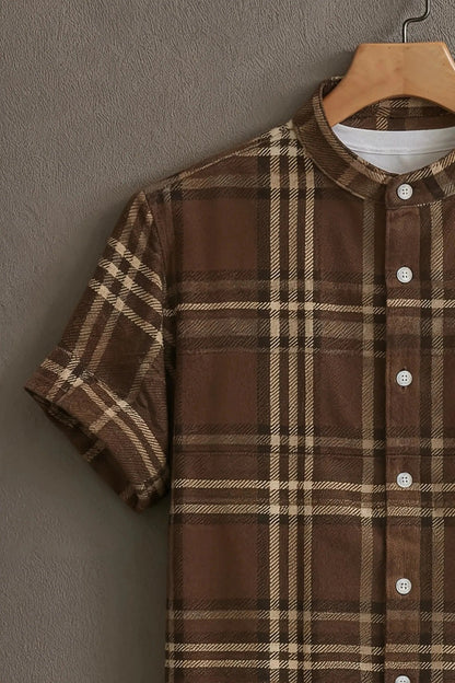 SharpShirt Premium Brown Plaid Check Mandarin Collar Shirt