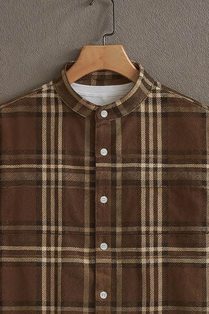 SharpShirt Premium Brown Plaid Check Mandarin Collar Shirt