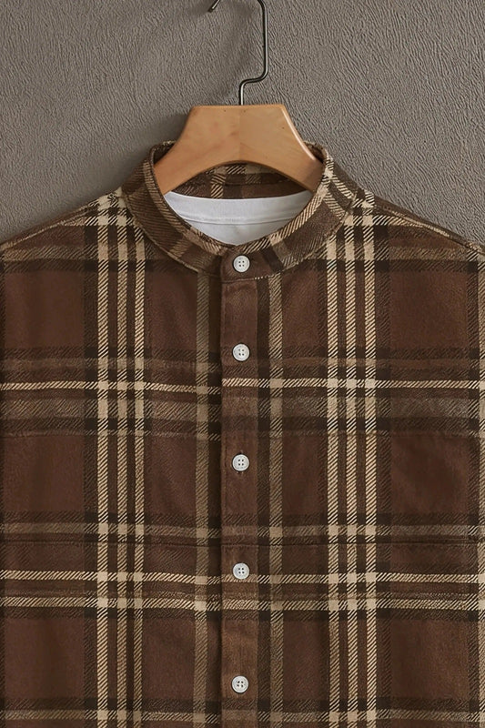 SharpShirt Premium Brown Plaid Check Mandarin Collar Shirt