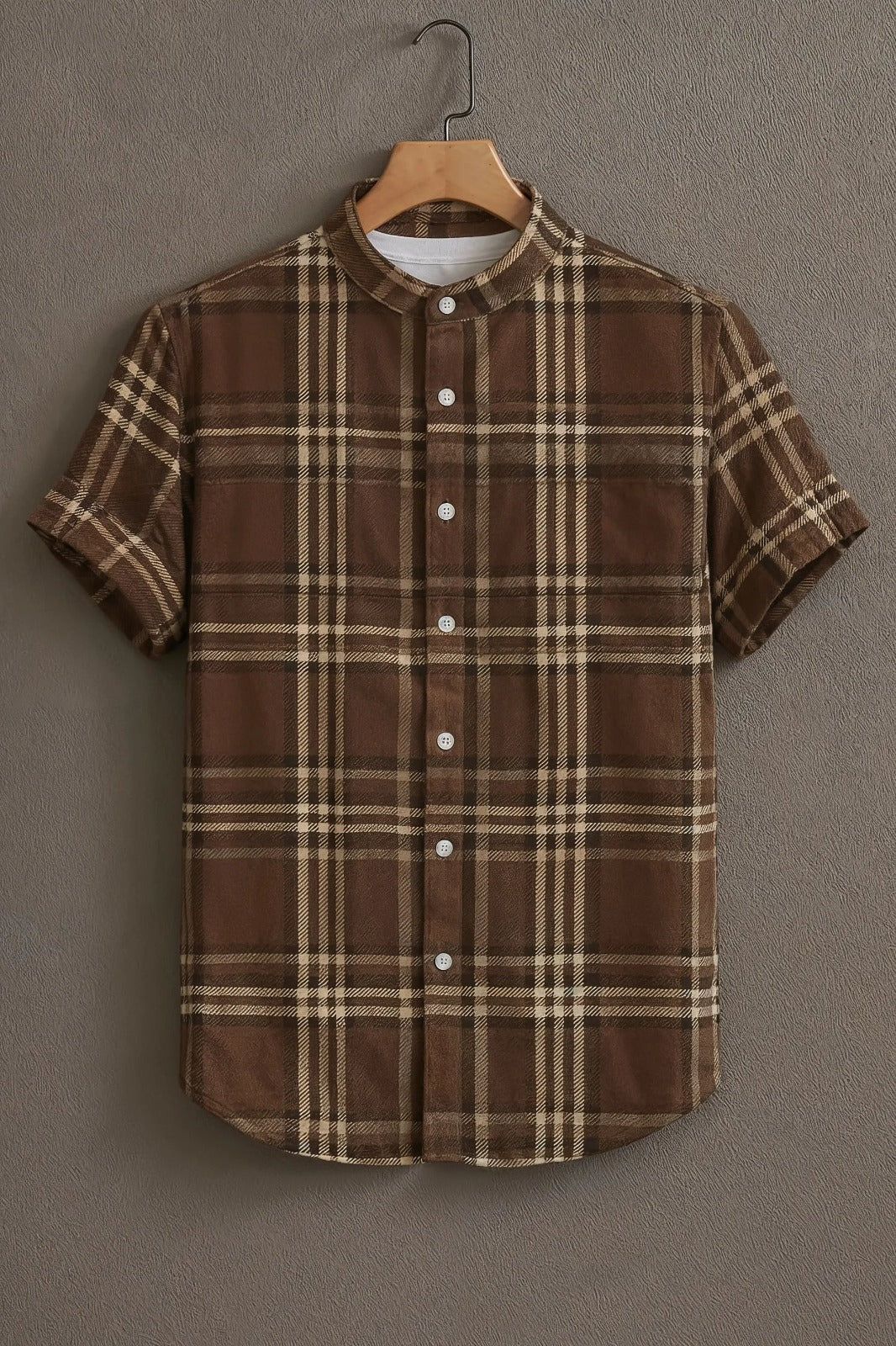 SharpShirt Premium Brown Plaid Check Mandarin Collar Shirt