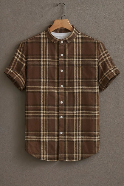 SharpShirt Premium Brown Plaid Check Mandarin Collar Shirt