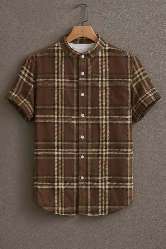 SharpShirt Premium Brown Plaid Check Mandarin Collar Shirt