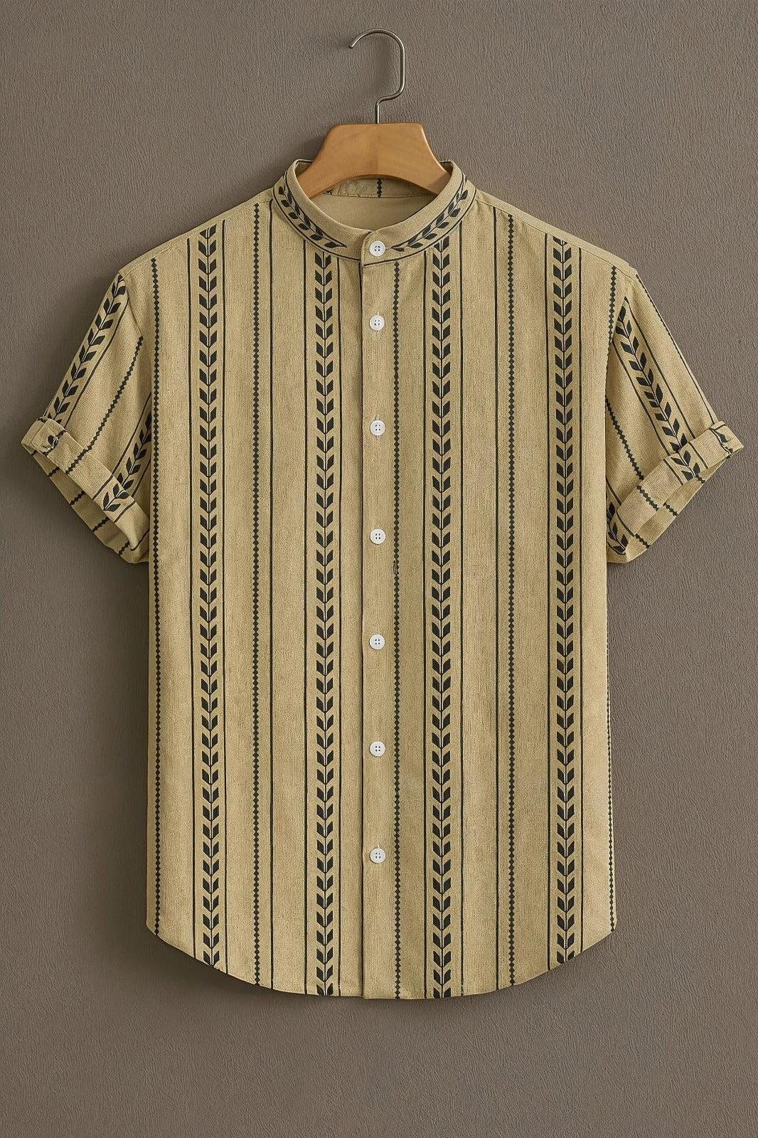 SharpShirt Premium Beige Vertical Stripe Mandarin Collar Shirt