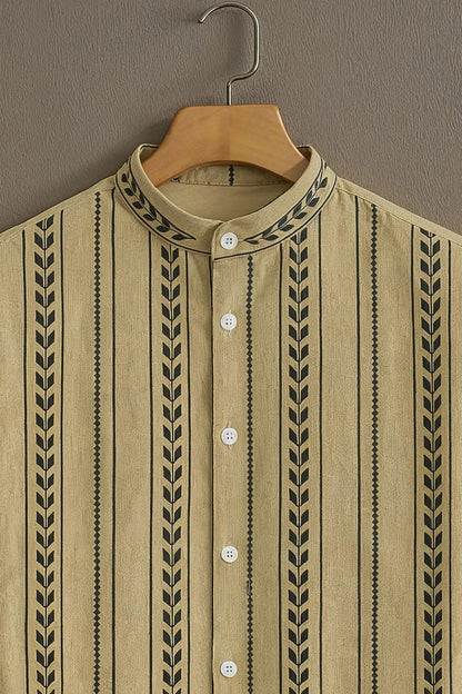 SharpShirt Premium Beige Vertical Stripe Mandarin Collar Shirt