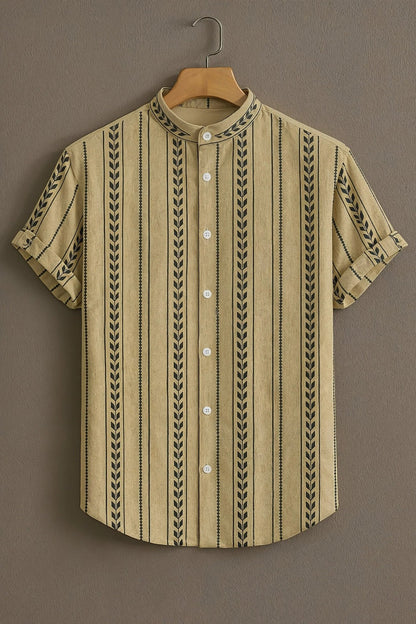 SharpShirt Premium Beige Vertical Stripe Mandarin Collar Shirt