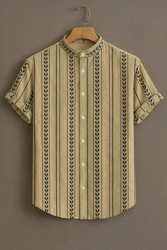 SharpShirt Premium Beige Vertical Stripe Mandarin Collar Shirt