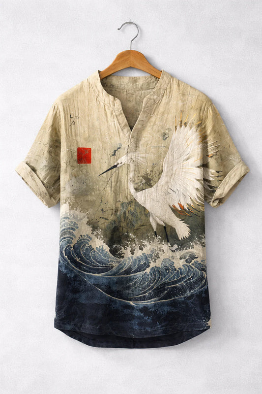 Japanese Wave Crane Henley Tee
